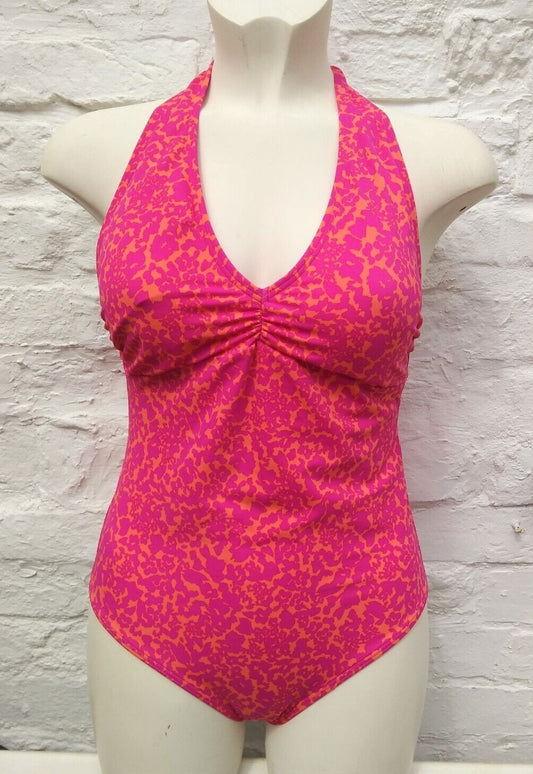 M&S Pink & Orange Patterned Halter Neck Swimsuit Swimming Costume Size 12