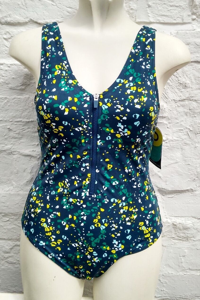 M&S Goodmove Aqua Teal Yellow Mix Zip up Swimsuit Swimming Costume Size 12 16