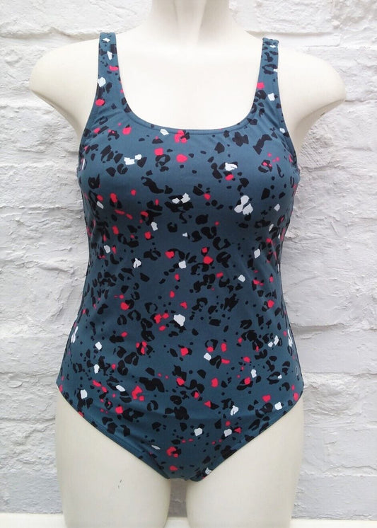 M&S Sea Green with Red Black & White Fleck Swimsuit Swimming Costume Size 12