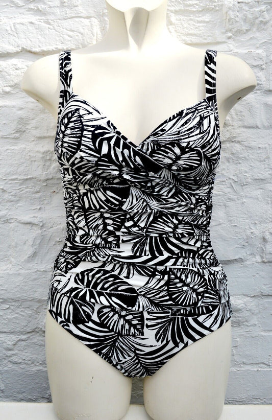 M&S Black White Leaf Pattern Adjustable Straps Swimsuit Swimming Costume Size 10