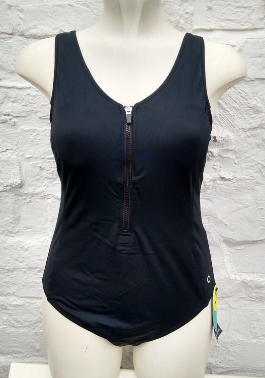 M&S Goodmove Black Scoop Neck Zip up Swimsuit Swimming Costume Size 14