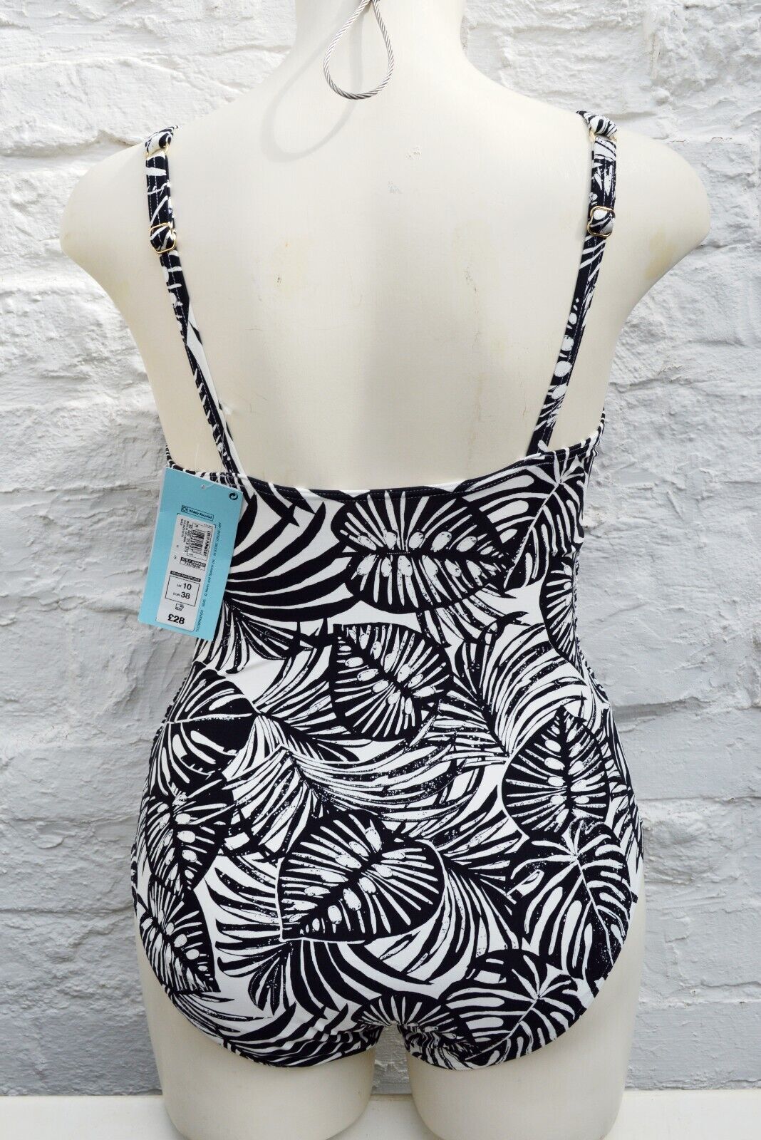 M&S Black White Leaf Pattern Adjustable Straps Swimsuit Swimming Costume Size 10