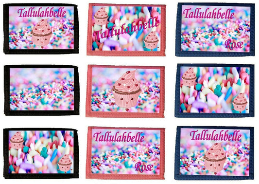 NEW Personalised Childrens Kids YOUR NAME Cupcakes Cake Baking Bake Velcro & Zip Money Wallet Coin Purse Christmas Gift Xmas Pink Blue Black